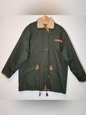 Otello Pelle Men's Coat sz Lg sherpa collar, leather trim, quilted lining green